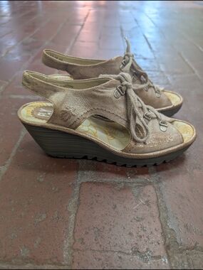 Fly London Metallic Taupe Lace-Up Wedge Sandals